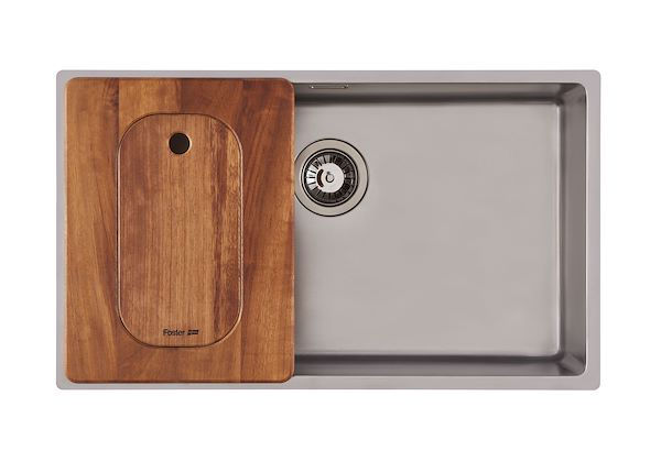 Tagliere Twin in legno Iroko con vaschetta scolapasta in acciaio inox