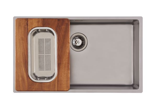 Tagliere Twin in legno Iroko con vaschetta scolapasta in acciaio inox